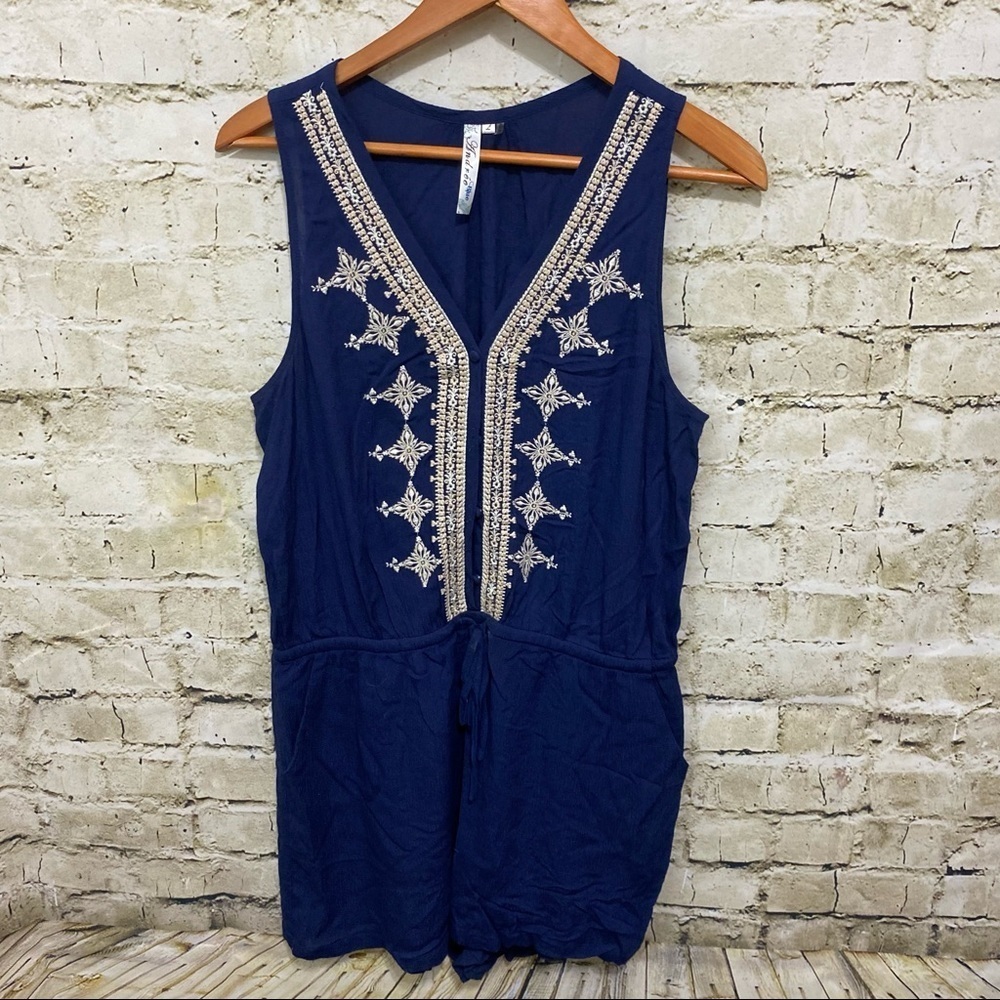 Andree Blue Floral Embroidered V Neck Stretch Waist Lined Romper